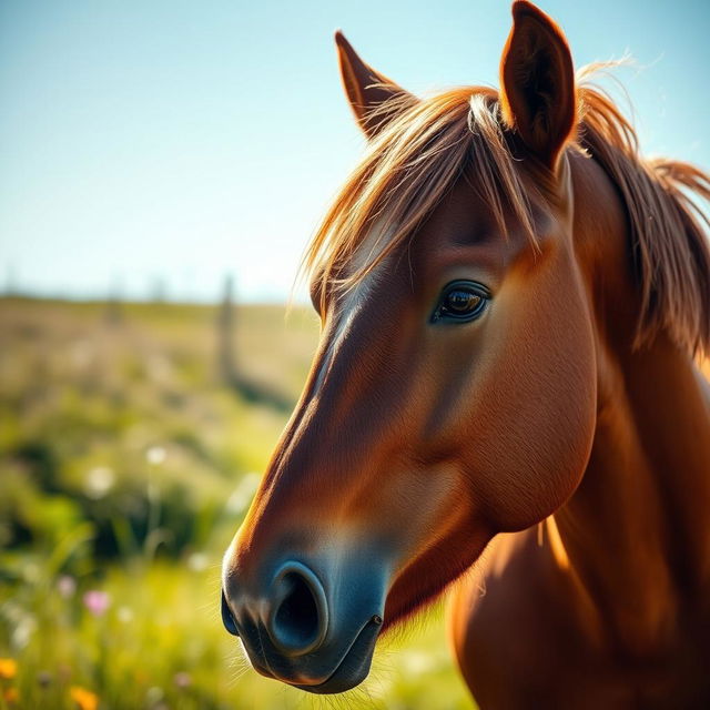 A stunning close-up photograph of a majestic horse standing in a sunlit meadow