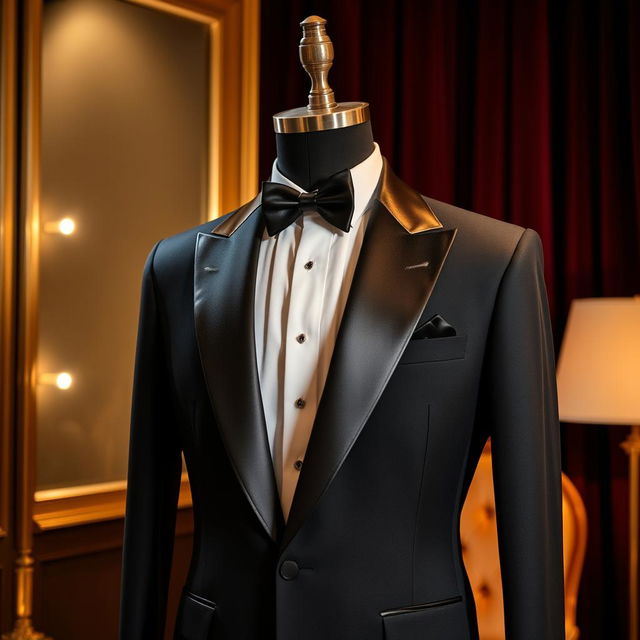 A stylish black tuxedo, perfectly tailored and sharp-looking, displayed on a slick mannequin against a luxurious backdrop