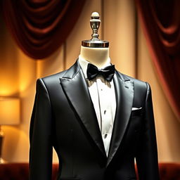 A stylish black tuxedo, perfectly tailored and sharp-looking, displayed on a slick mannequin against a luxurious backdrop