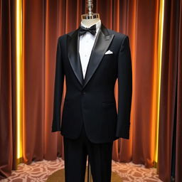 A stylish black tuxedo, perfectly tailored and sharp-looking, displayed on a slick mannequin against a luxurious backdrop