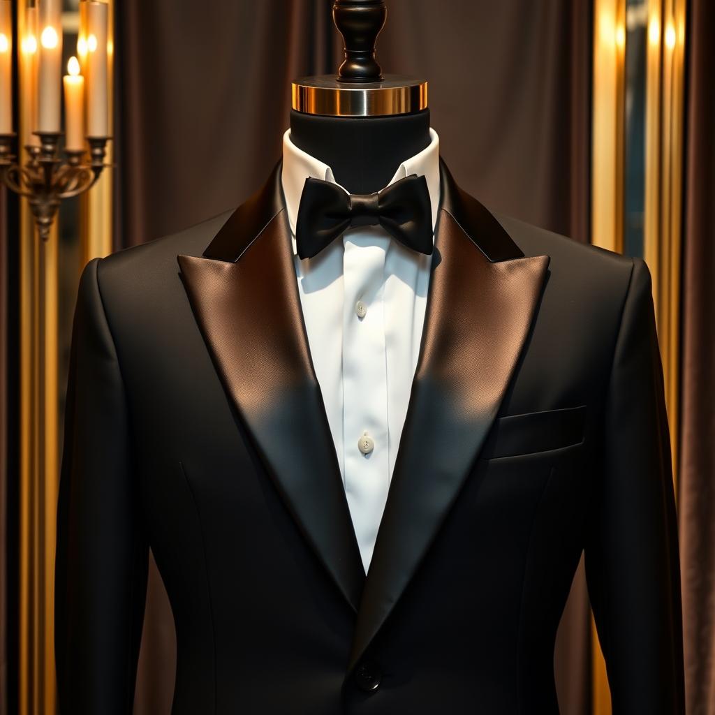 A stylish black tuxedo, perfectly tailored and sharp-looking, displayed on a slick mannequin against a luxurious backdrop