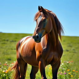 A majestic horse standing proudly in a lush green meadow under a bright blue sky