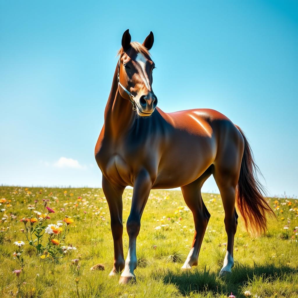 A majestic horse standing proudly in a lush green meadow under a bright blue sky