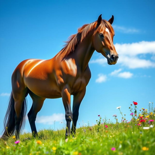 A majestic horse standing proudly in a lush green meadow under a bright blue sky