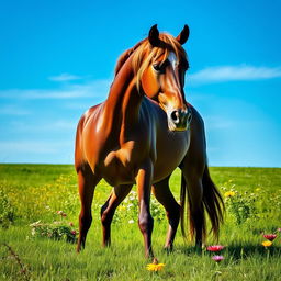 A majestic horse standing proudly in a lush green meadow under a bright blue sky