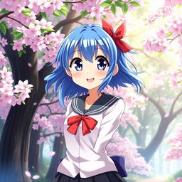 An anime girl with vibrant blue hair and big expressive eyes, wearing a stylish school uniform