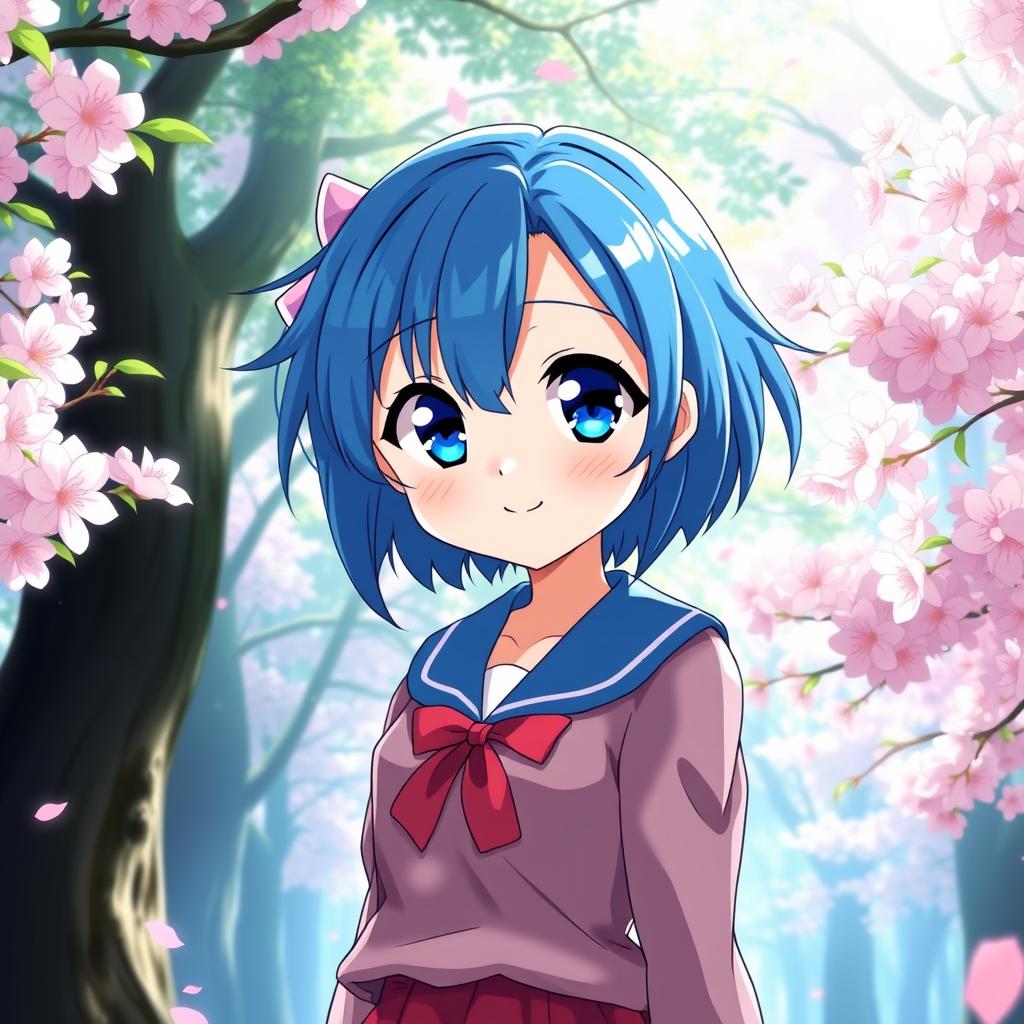 An anime girl with vibrant blue hair and big expressive eyes, wearing a stylish school uniform