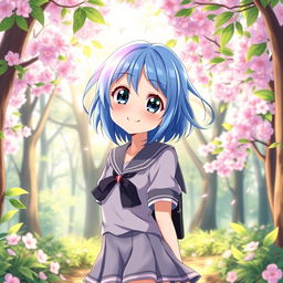 An anime girl with vibrant blue hair and big expressive eyes, wearing a stylish school uniform