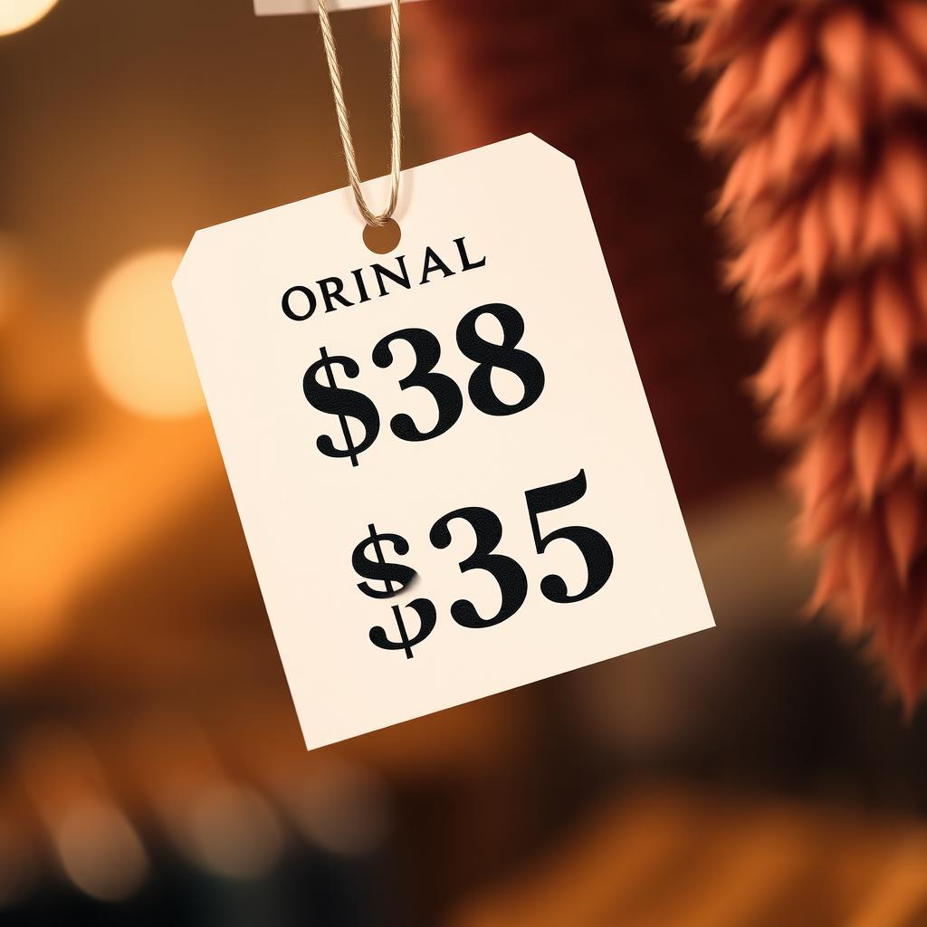 A close-up shot of a price tag hanging from a product