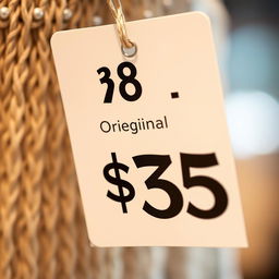 A close-up shot of a price tag hanging from a product