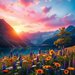 A highly detailed and vivid image of a bright, surreal landscape featuring a crystal-clear lake surrounded by majestic mountains