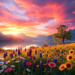 A highly detailed and vivid image of a bright, surreal landscape featuring a crystal-clear lake surrounded by majestic mountains