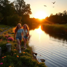 Two friends walking happily along a serene riverbank, surrounded by lush greenery and vibrant wildflowers, their reflection shimmering on the water's surface