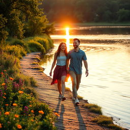 Two friends walking happily along a serene riverbank, surrounded by lush greenery and vibrant wildflowers, their reflection shimmering on the water's surface