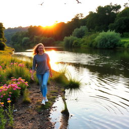Two friends walking happily along a serene riverbank, surrounded by lush greenery and vibrant wildflowers, their reflection shimmering on the water's surface