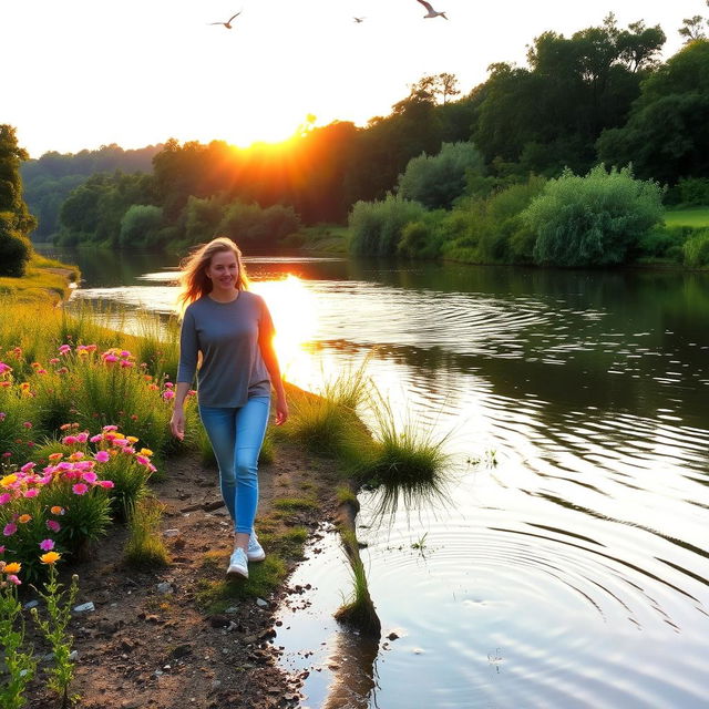 Two friends walking happily along a serene riverbank, surrounded by lush greenery and vibrant wildflowers, their reflection shimmering on the water's surface