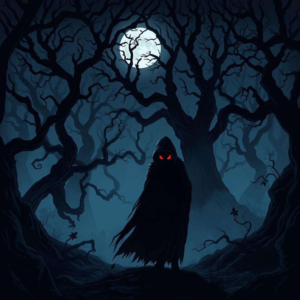 A dark and moody illustration of a haunted forest at midnight, with twisted trees and thick mist swirling around the ground