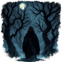 A dark and moody illustration of a haunted forest at midnight, with twisted trees and thick mist swirling around the ground