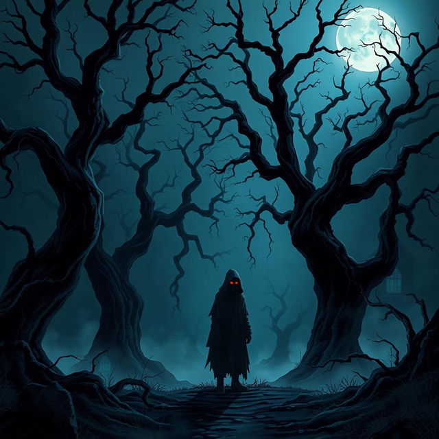 A dark and moody illustration of a haunted forest at midnight, with twisted trees and thick mist swirling around the ground