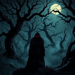 A dark and moody illustration of a haunted forest at midnight, with twisted trees and thick mist swirling around the ground