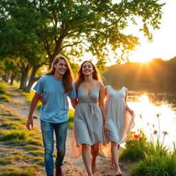 Two friends walking along a serene riverbank, laughter echoing as they enjoy each other's company