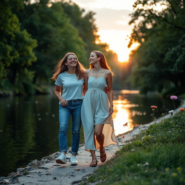 Two friends walking along a serene riverbank, laughter echoing as they enjoy each other's company