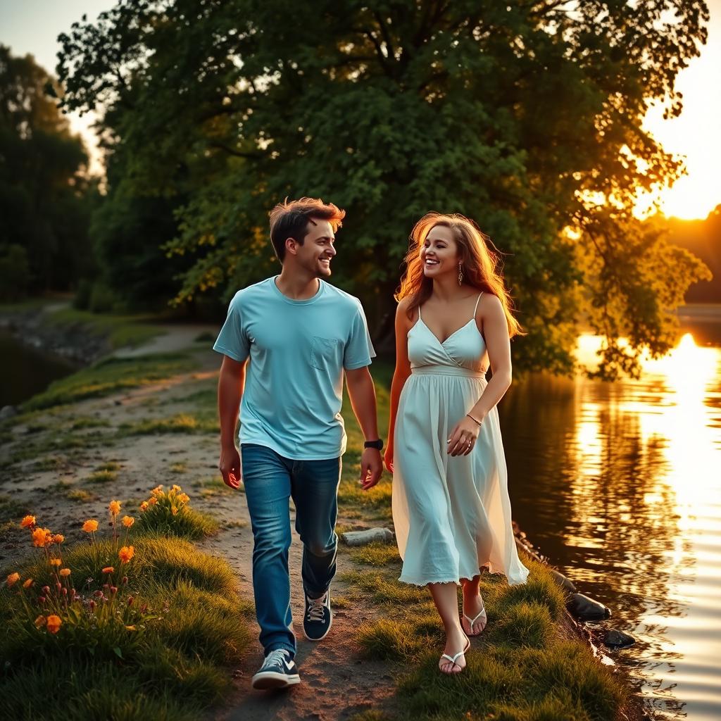 Two friends walking along a serene riverbank, laughter echoing as they enjoy each other's company