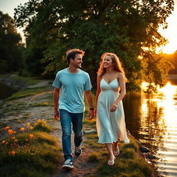 Two friends walking along a serene riverbank, laughter echoing as they enjoy each other's company