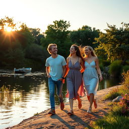 Two friends walking along a serene riverbank, laughter echoing as they enjoy each other's company