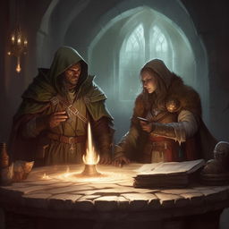 A Dungeons & Dragons game setup where the scene includes a cleric and a rogue, both ready to embark on their quest. The cleric radiates holy energy, while the rogue lurks in the shadows, nimble and quick.