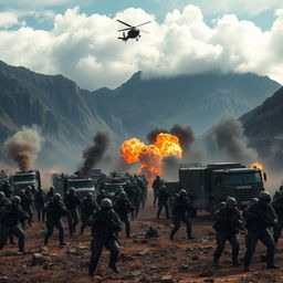 An intense modern battlefield scene set behind a rugged mountain landscape