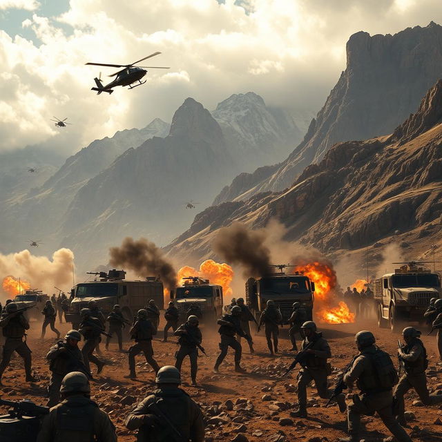 An intense modern battlefield scene set behind a rugged mountain landscape