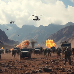 An intense modern battlefield scene set behind a rugged mountain landscape