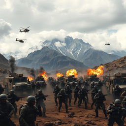 An intense modern battlefield scene set behind a rugged mountain landscape