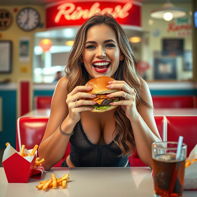 A beautiful woman sitting at a diner table, wearing stylish panties, joyfully taking a big bite of a delicious, juicy burger