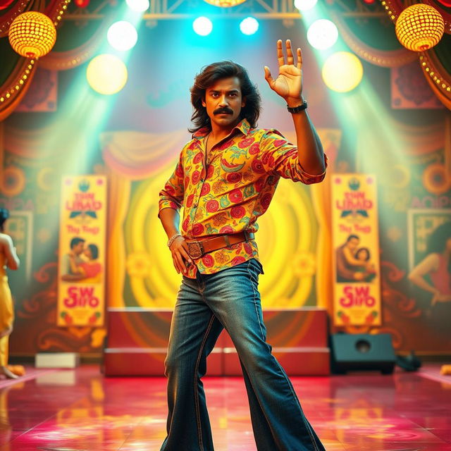 A Bollywood character inspired by the vibrant style of the 1970s or 1980s, featuring a charismatic male lead with a thick mustache and long hair, wearing a colorful patterned shirt and bell-bottom jeans