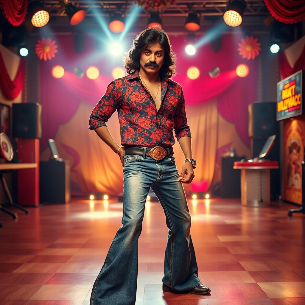 A Bollywood character inspired by the vibrant style of the 1970s or 1980s, featuring a charismatic male lead with a thick mustache and long hair, wearing a colorful patterned shirt and bell-bottom jeans