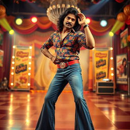 A Bollywood character inspired by the vibrant style of the 1970s or 1980s, featuring a charismatic male lead with a thick mustache and long hair, wearing a colorful patterned shirt and bell-bottom jeans
