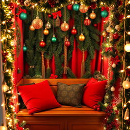 A cozy Christmas photo booth decorated with festive elements