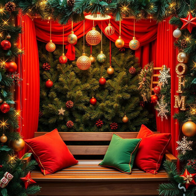 A cozy Christmas photo booth decorated with festive elements