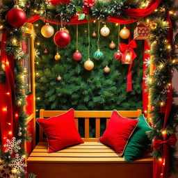 A cozy Christmas photo booth decorated with festive elements