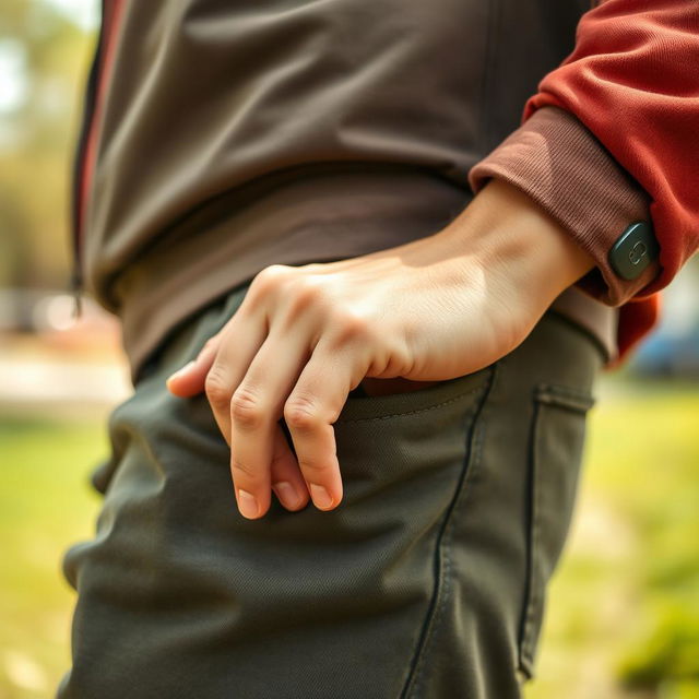 A close-up image of a hand reaching out of a pocket, showcasing a casual and relaxed atmosphere