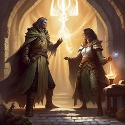 A Dungeons & Dragons game setup where the scene includes a cleric and a rogue, both ready to embark on their quest. The cleric radiates holy energy, while the rogue lurks in the shadows, nimble and quick.