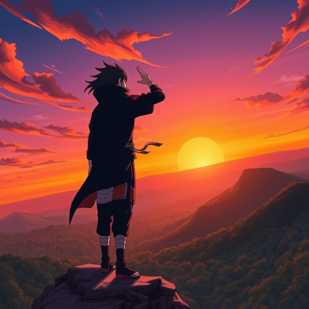 Obito Uchiha standing heroically on a cliff during sunset, his hair blowing in the wind, wearing his signature black and orange ninja outfit