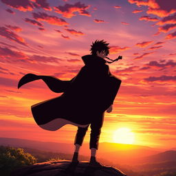 Obito Uchiha standing heroically on a cliff during sunset, his hair blowing in the wind, wearing his signature black and orange ninja outfit