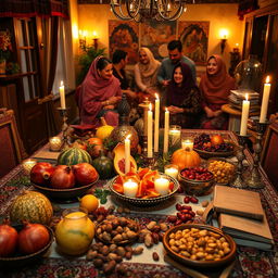 A warm and inviting scene celebrating Shab-e Yalda, the longest night of the year in Persian culture
