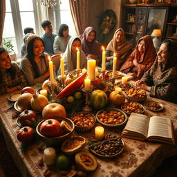 A warm and inviting scene celebrating Shab-e Yalda, the longest night of the year in Persian culture