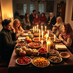 A warm and inviting scene celebrating Shab-e Yalda, the longest night of the year in Persian culture