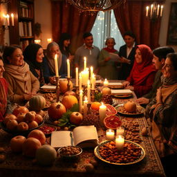 A warm and inviting scene celebrating Shab-e Yalda, the longest night of the year in Persian culture