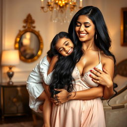 A mature Indian mother with a curvy figure and deep cleavage is elegantly dressed in a flowing nighty